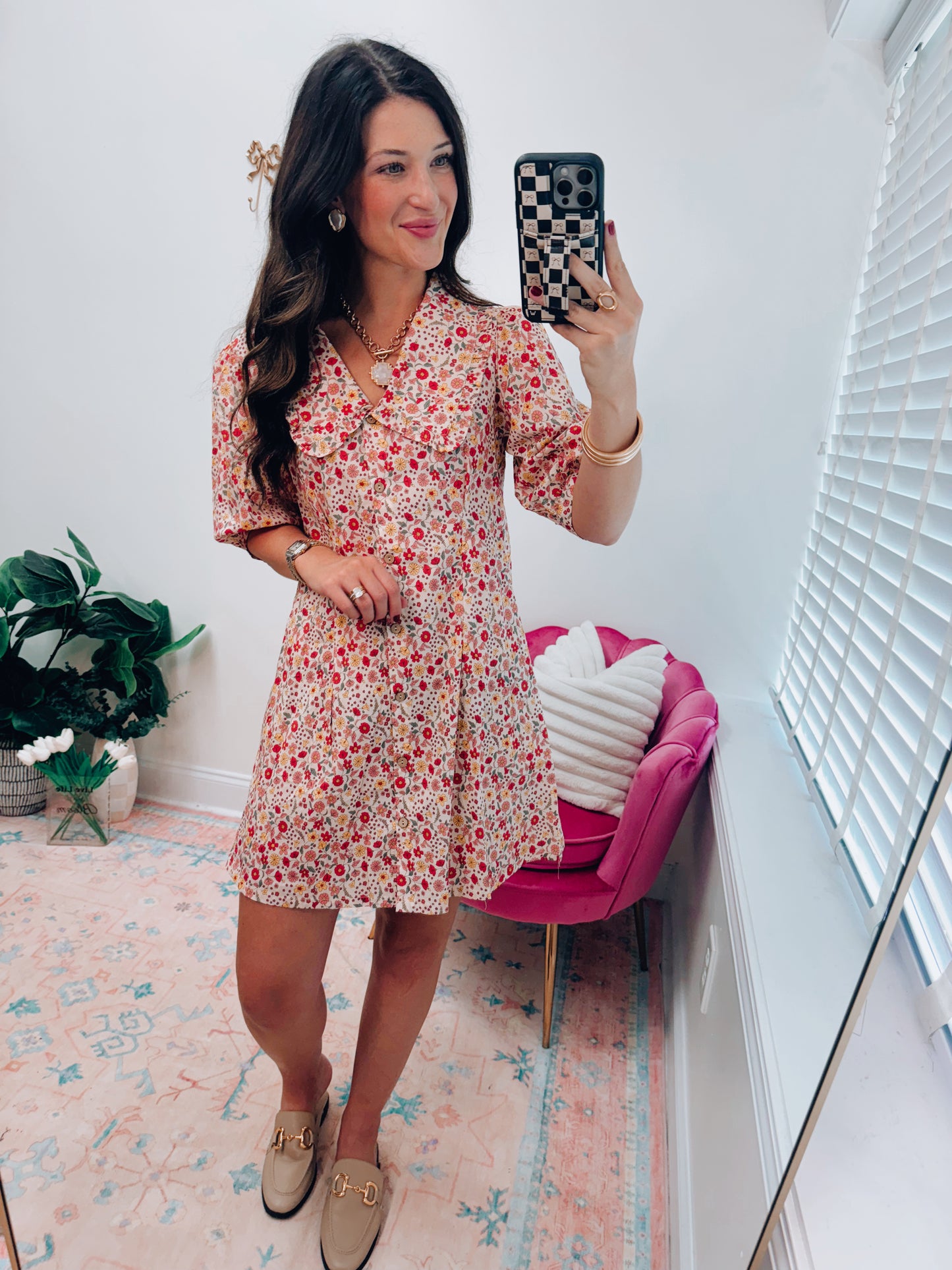 Fall Floral Ruffle Collar Mini Dress