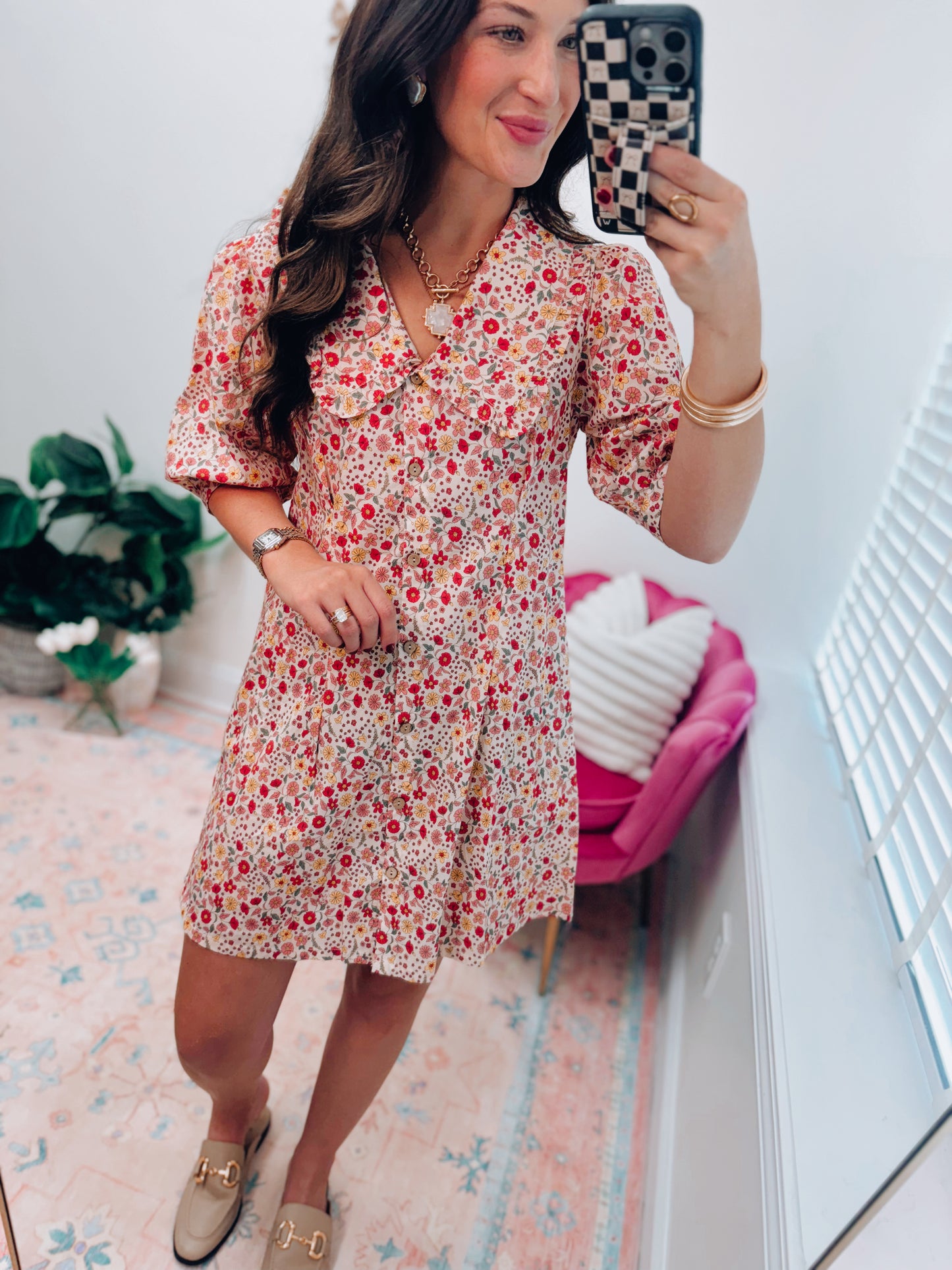 Fall Floral Ruffle Collar Mini Dress