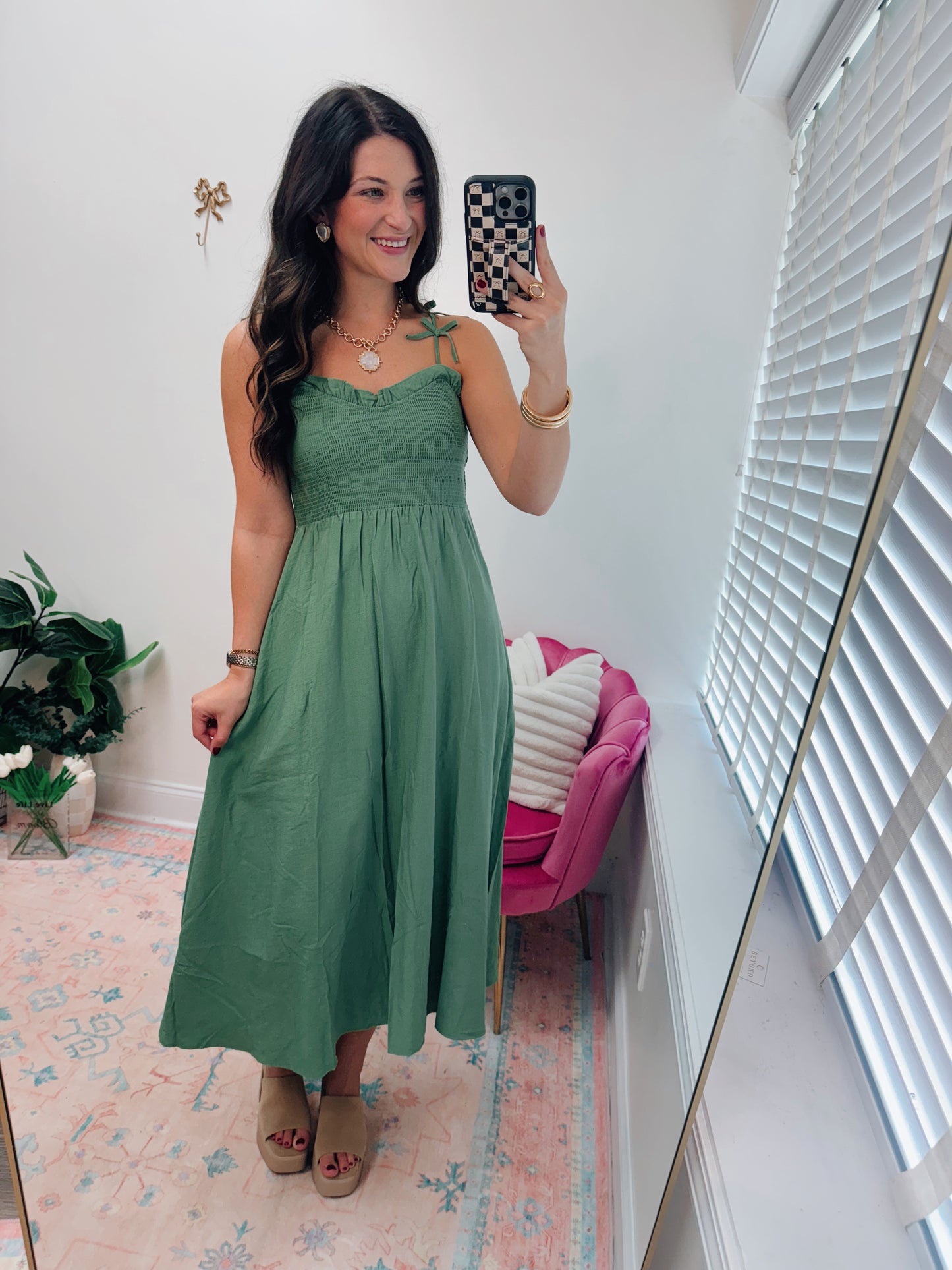 Sweetheart Smocked Bow Strap Midi Dress - Green