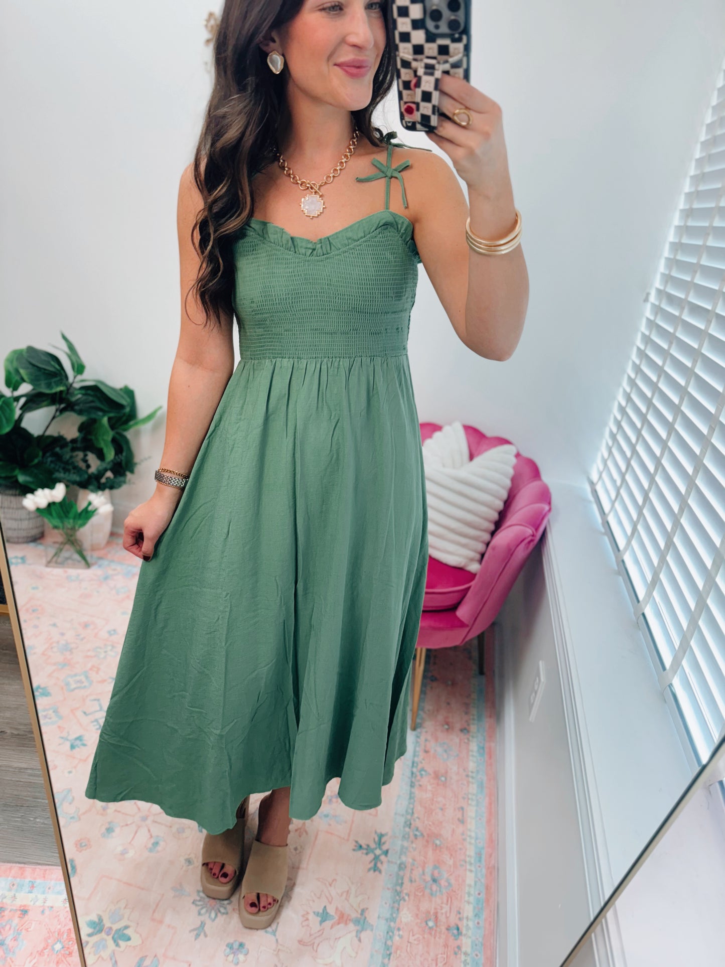 Sweetheart Smocked Bow Strap Midi Dress - Green