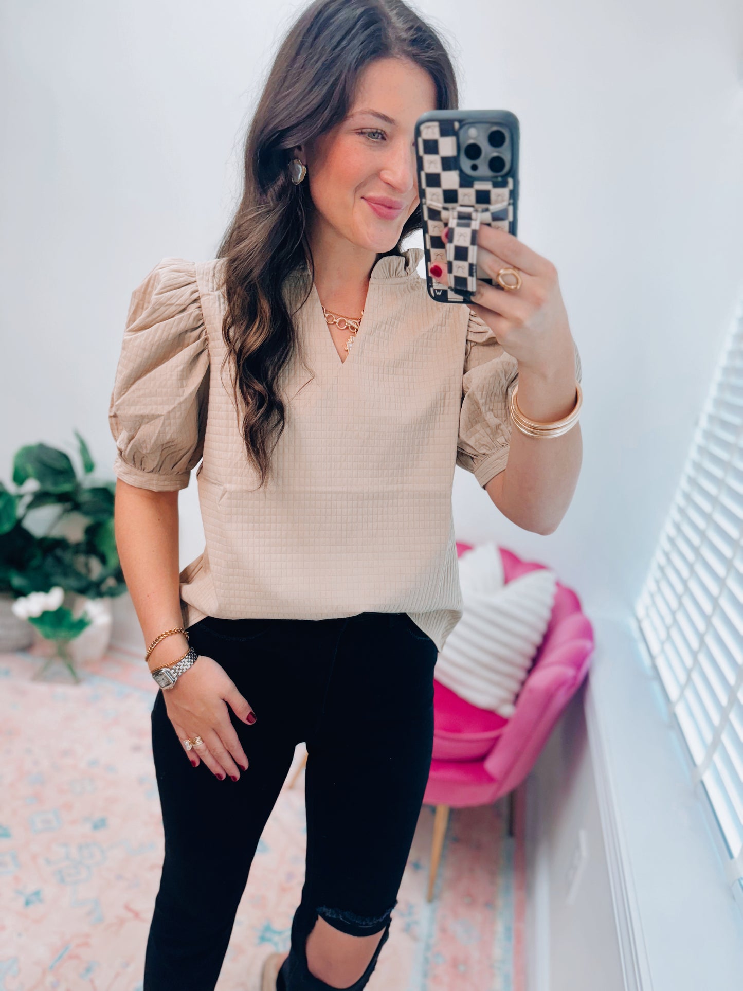 Beige Puffer Textured Top