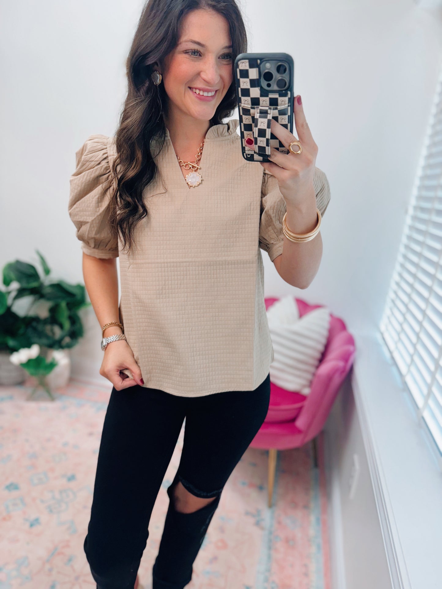 Beige Puffer Textured Top