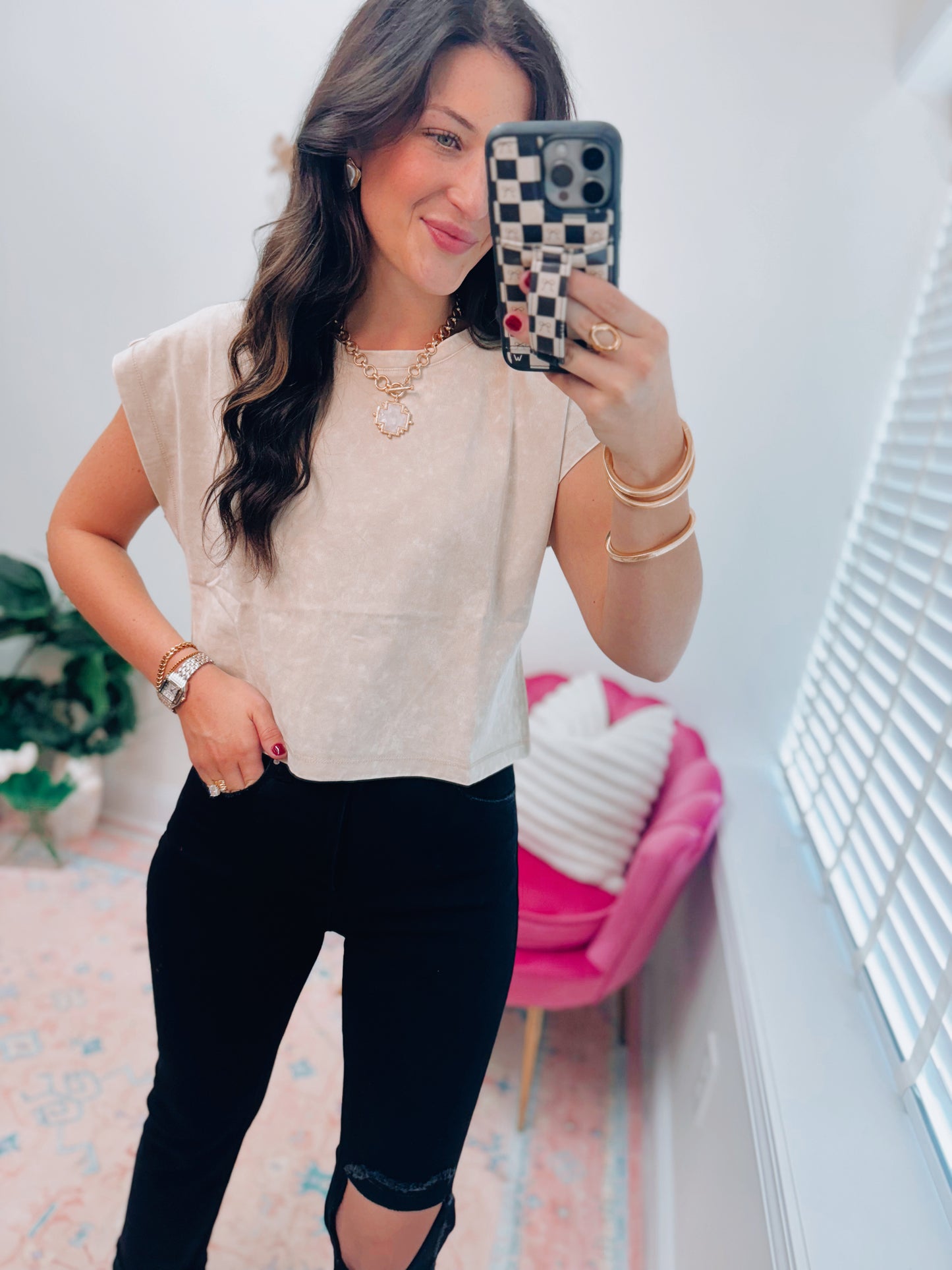 Acid Wash Taupe Cuff Top