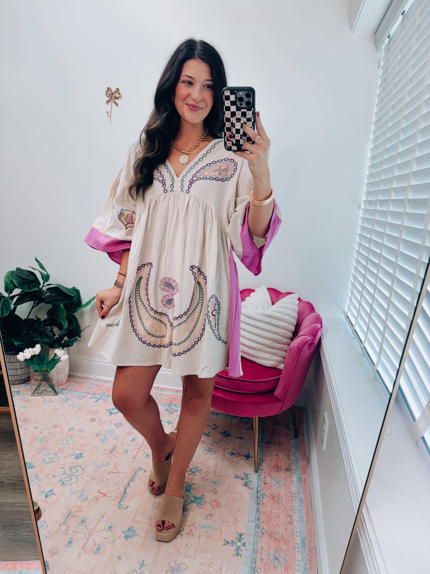 Peony Embroidered Mix Mini Dress