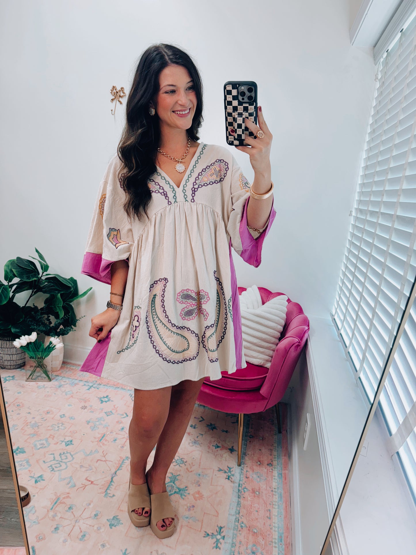 Peony Embroidered Mix Mini Dress