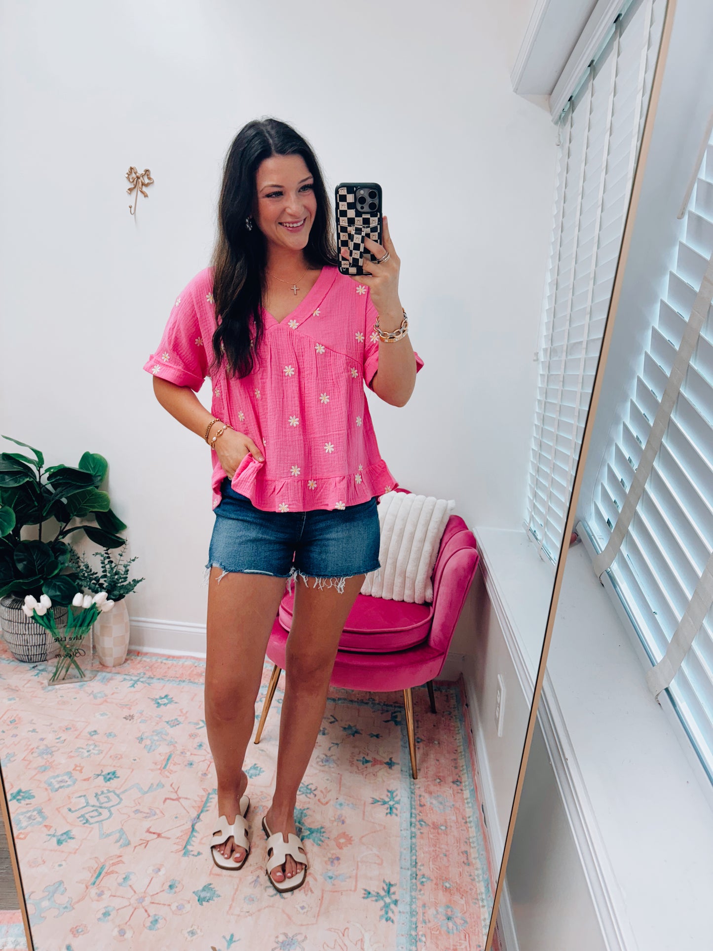 Mini Floral Tiered Gauze Top - Pink