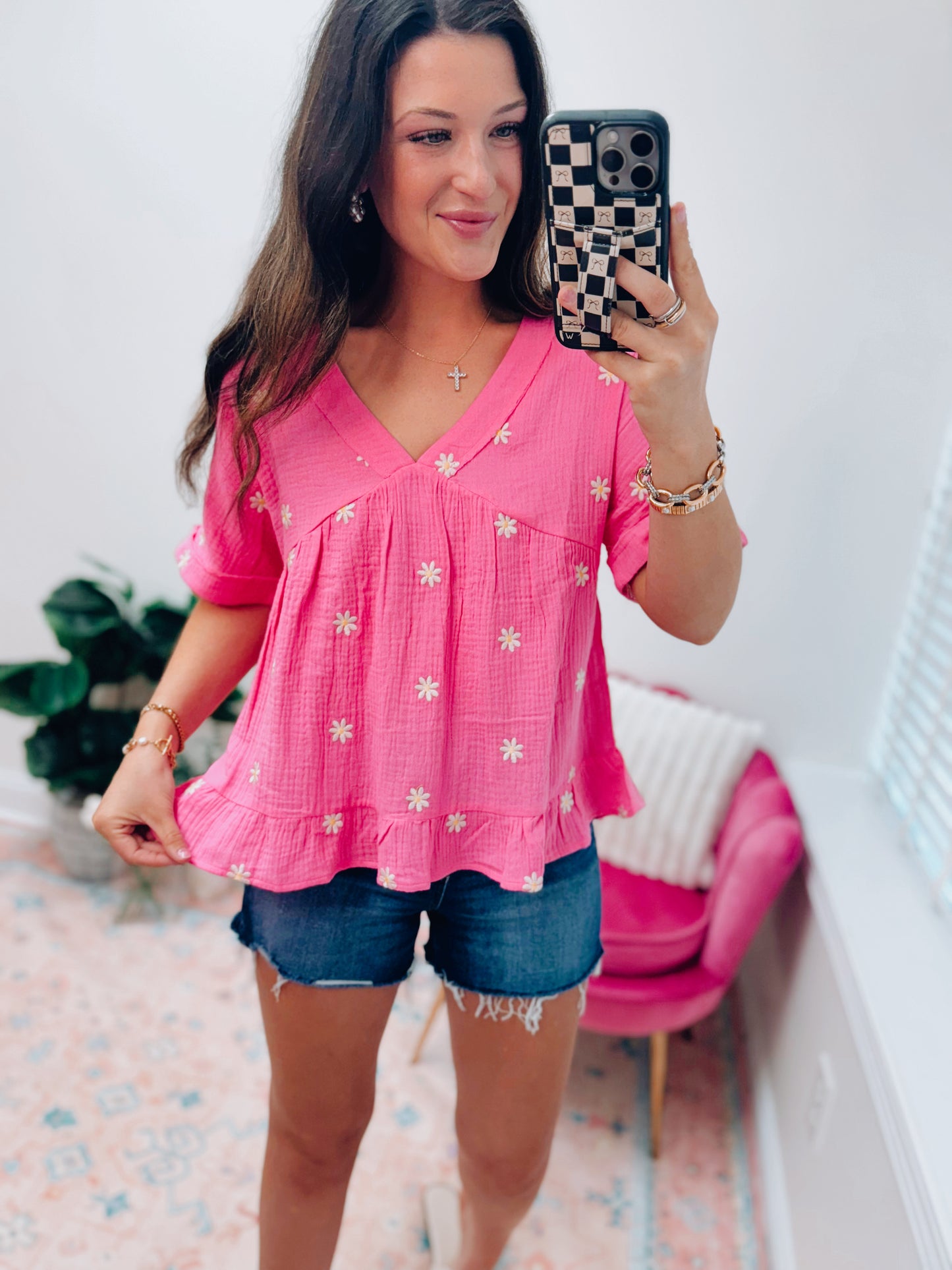 Mini Floral Tiered Gauze Top - Pink