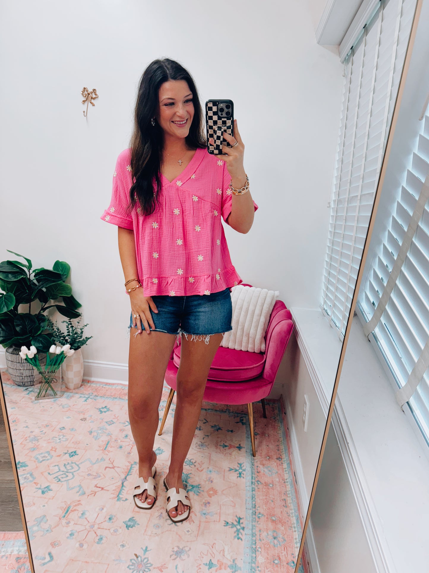 Mini Floral Tiered Gauze Top - Pink