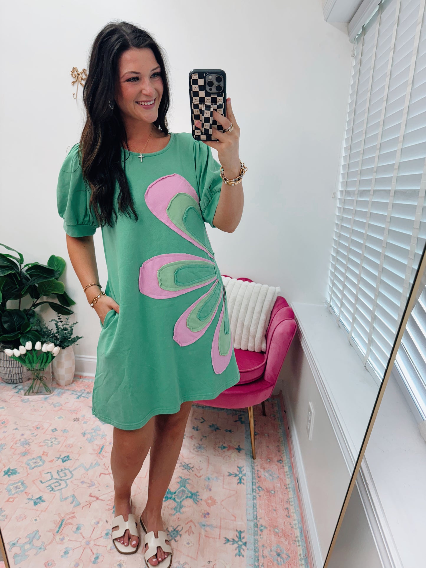 Apple Green Flower Patch Mini Dress