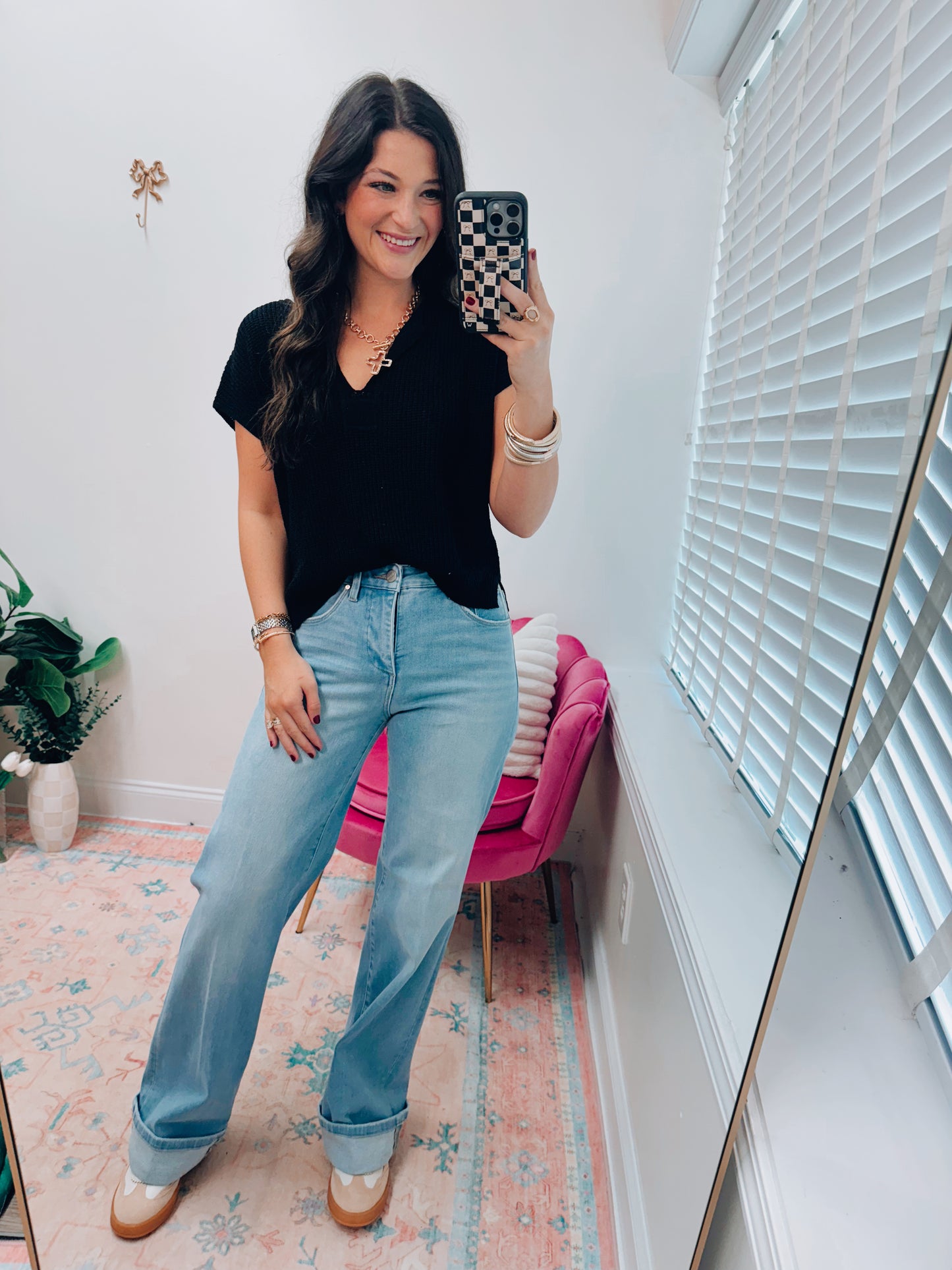 Split Neck Knit Top - Black