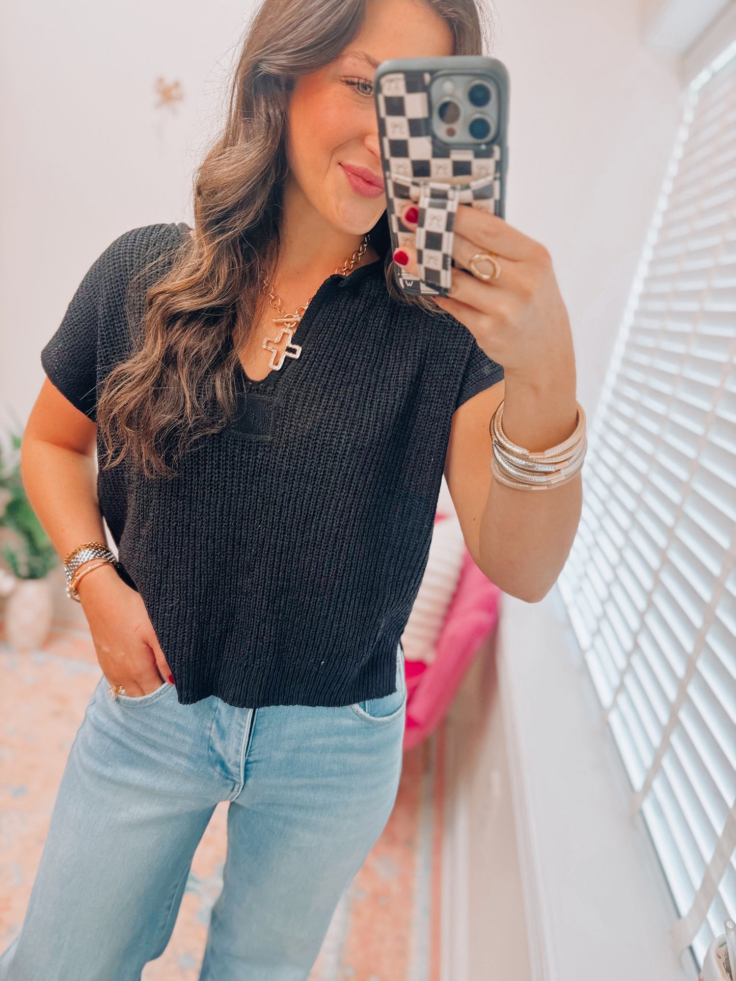 Split Neck Knit Top - Black