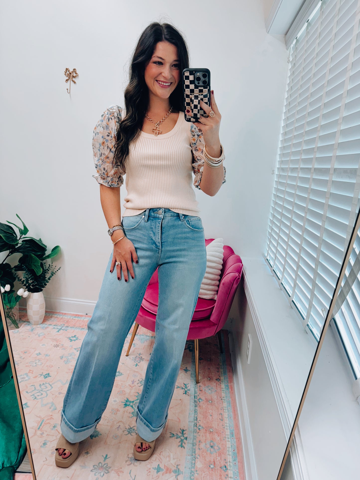 Laurel Ribbed Floral Sheer Puff Top