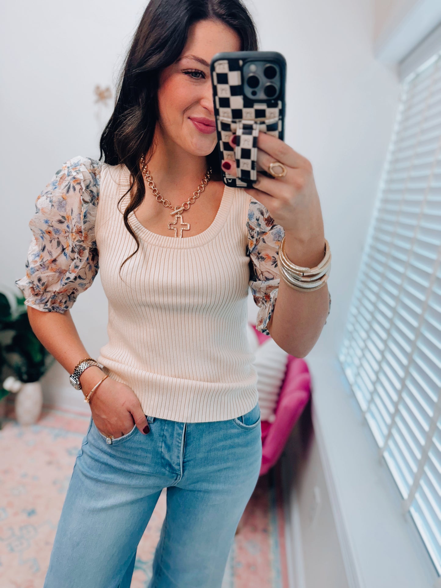 Laurel Ribbed Floral Sheer Puff Top