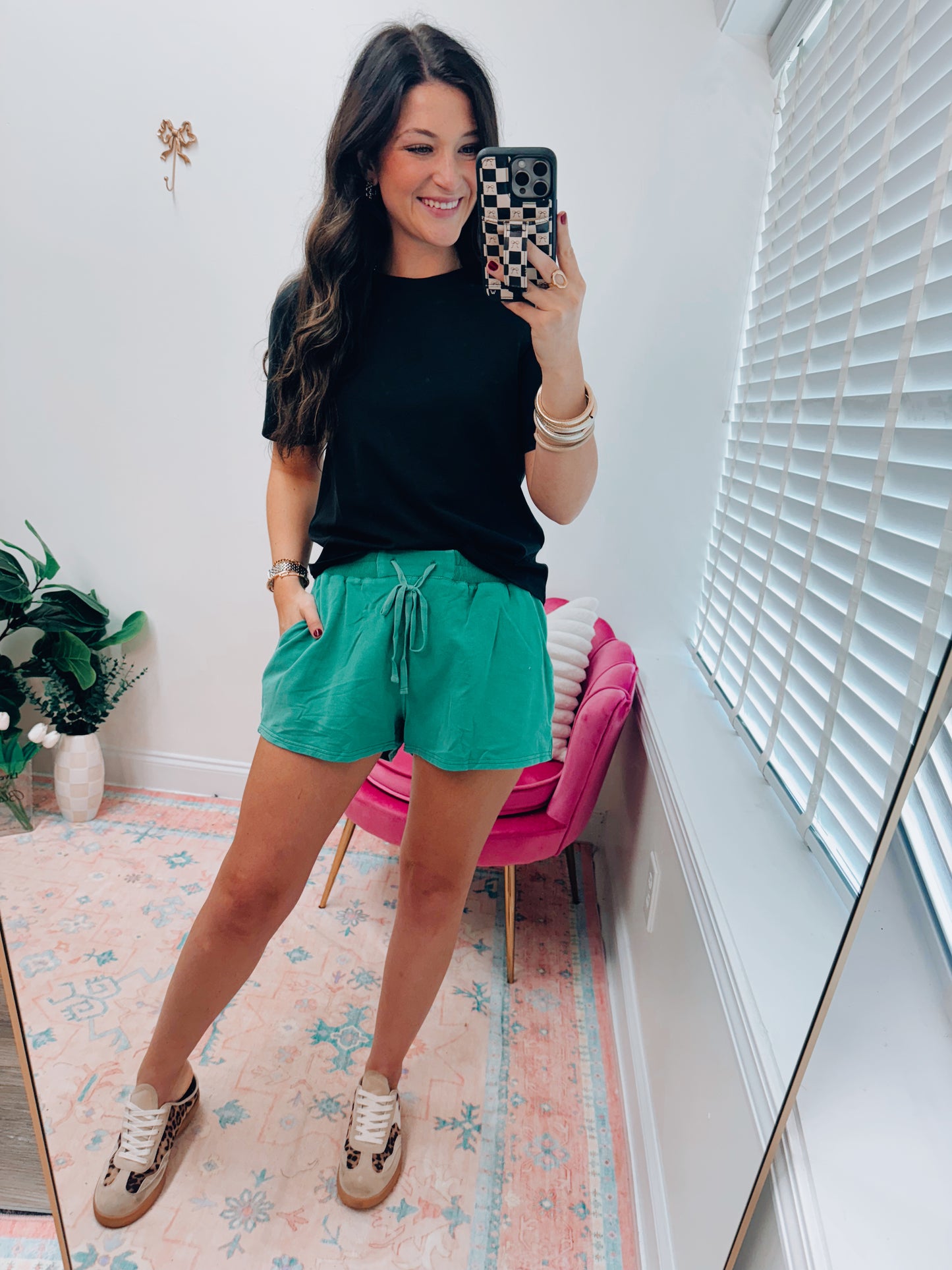 Mineral Washed Ribbed Patch Shorts - Green