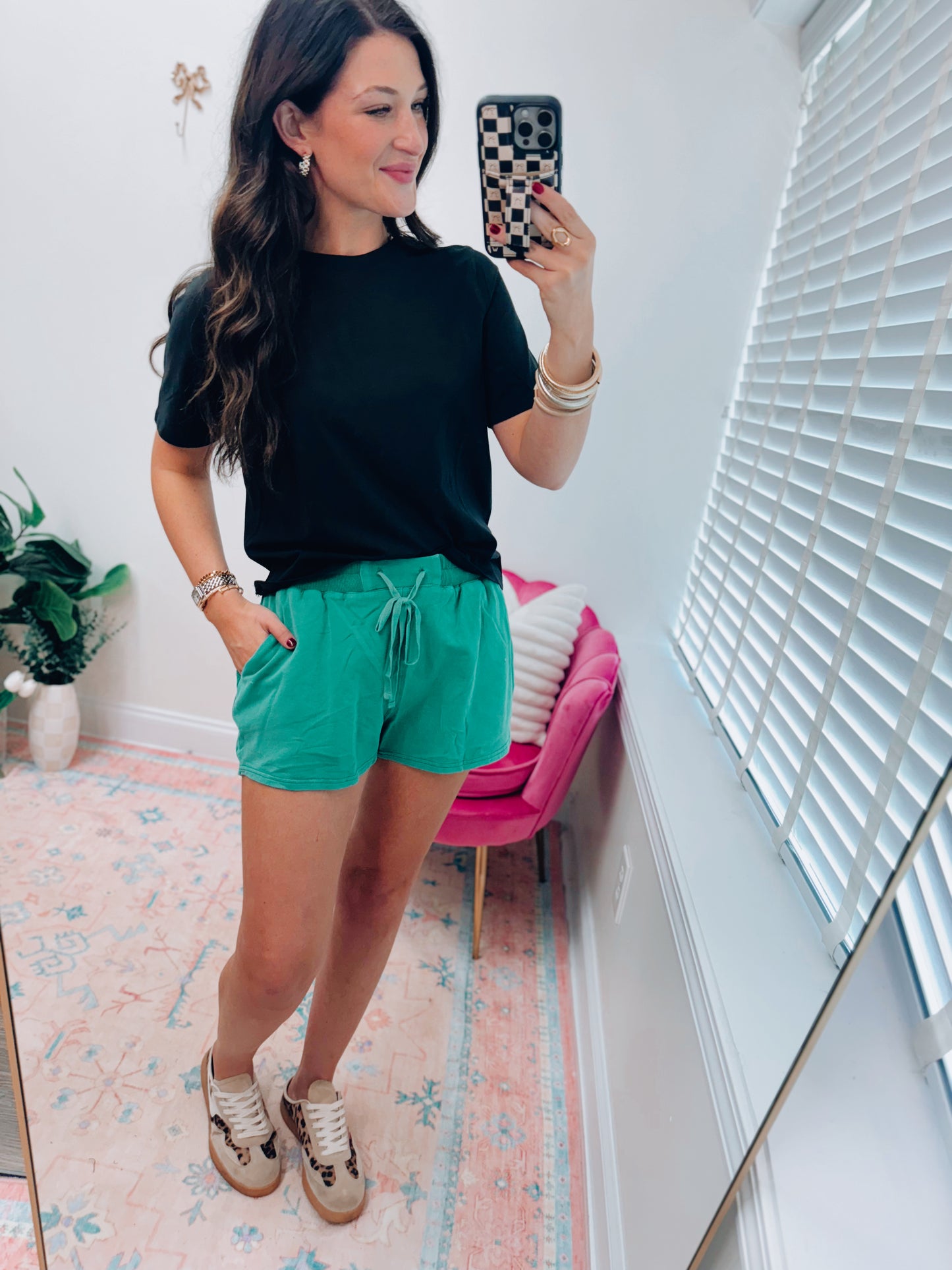 Mineral Washed Ribbed Patch Shorts - Green