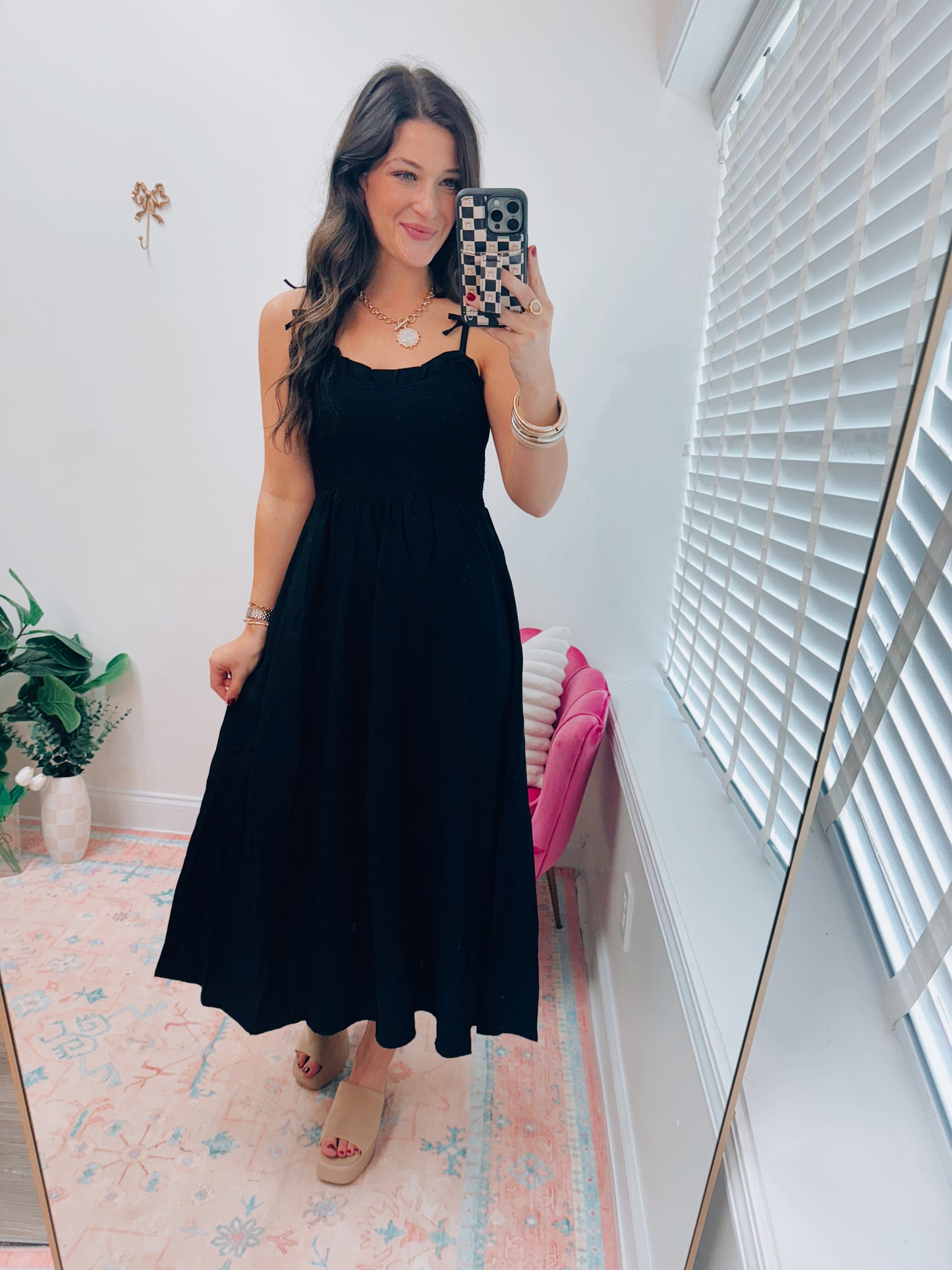 Sweetheart Smocked Bow Strap Midi Dress - Black