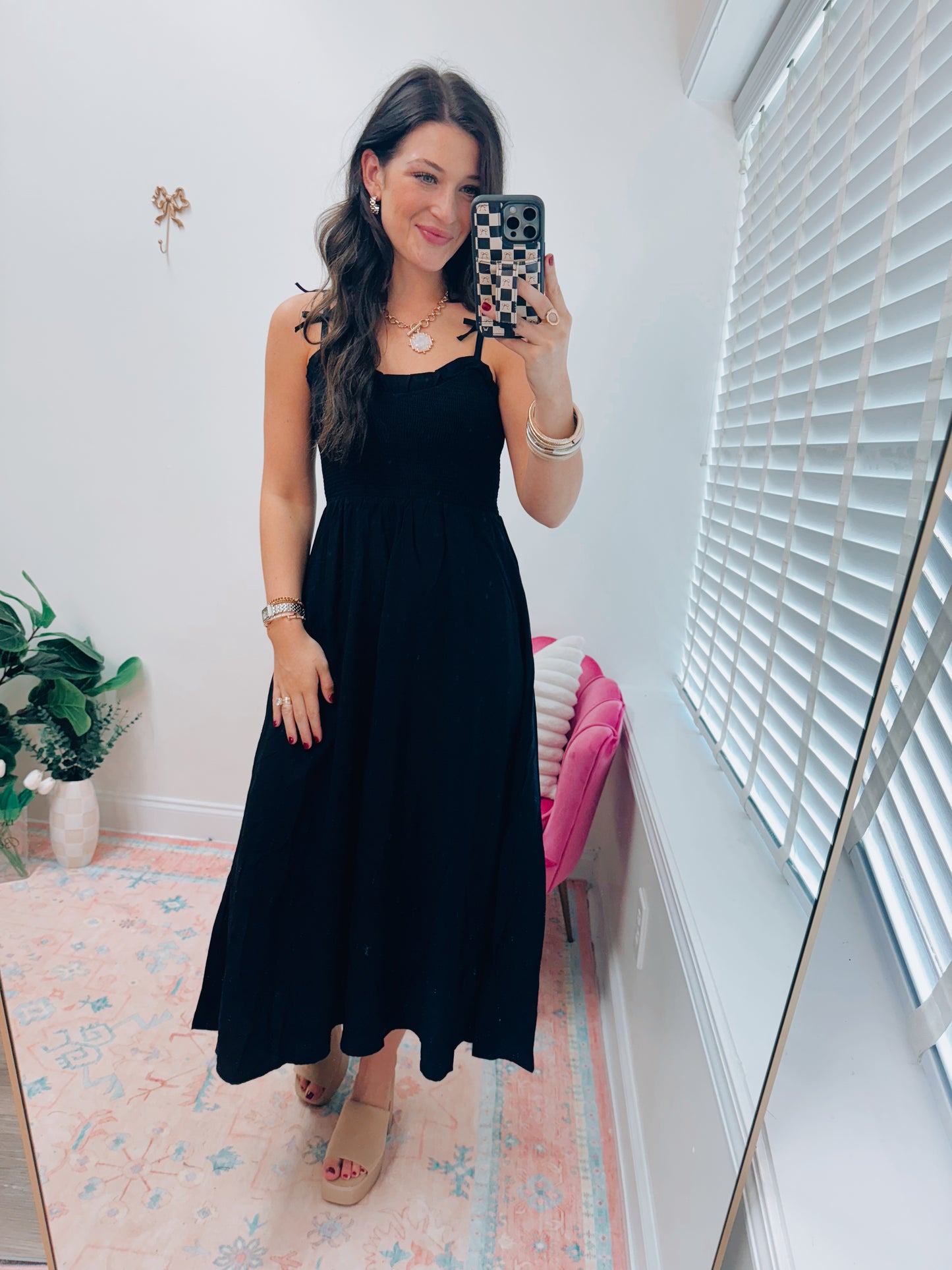 Sweetheart Smocked Bow Strap Midi Dress - Black