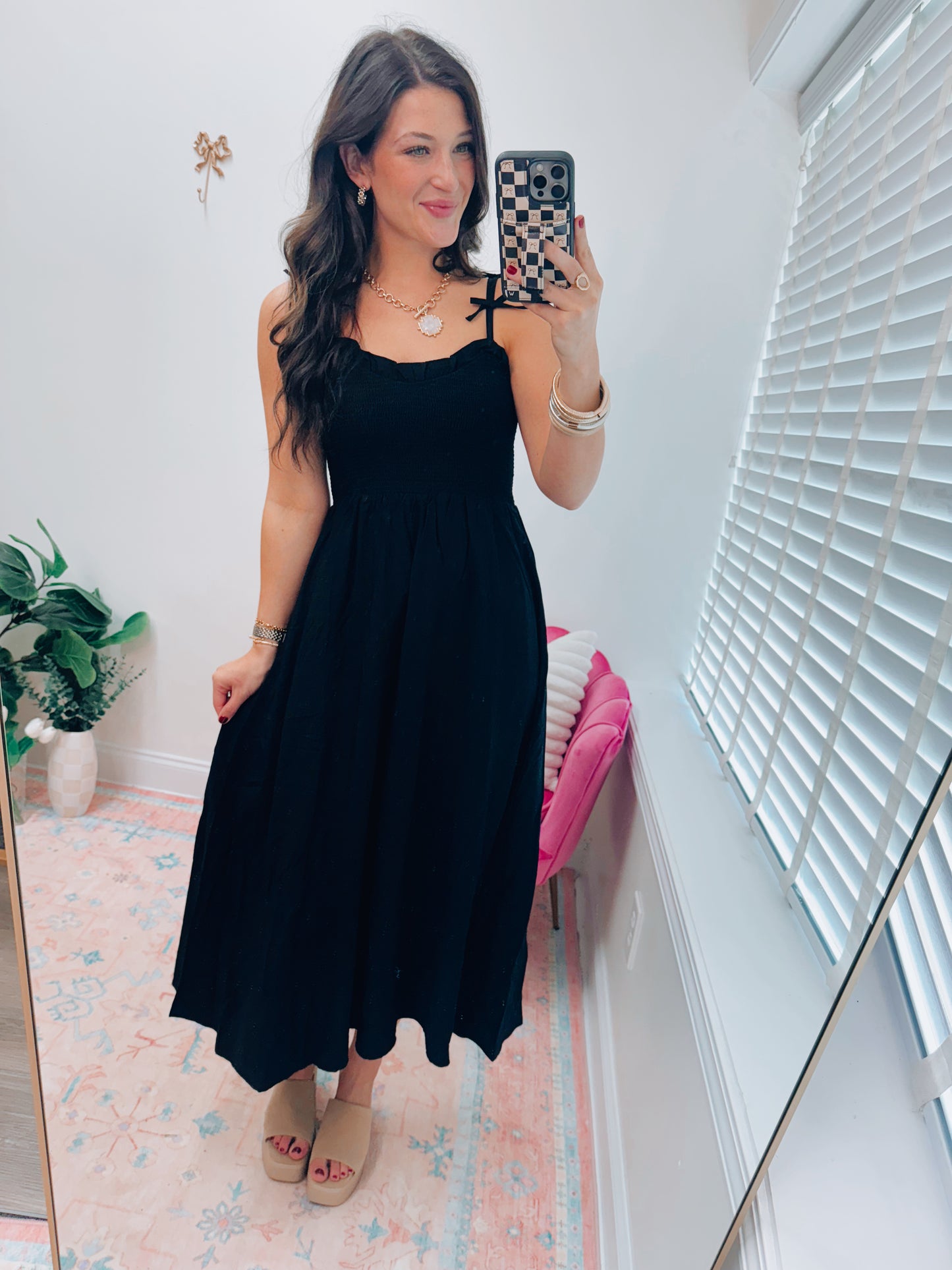 Sweetheart Smocked Bow Strap Midi Dress - Black