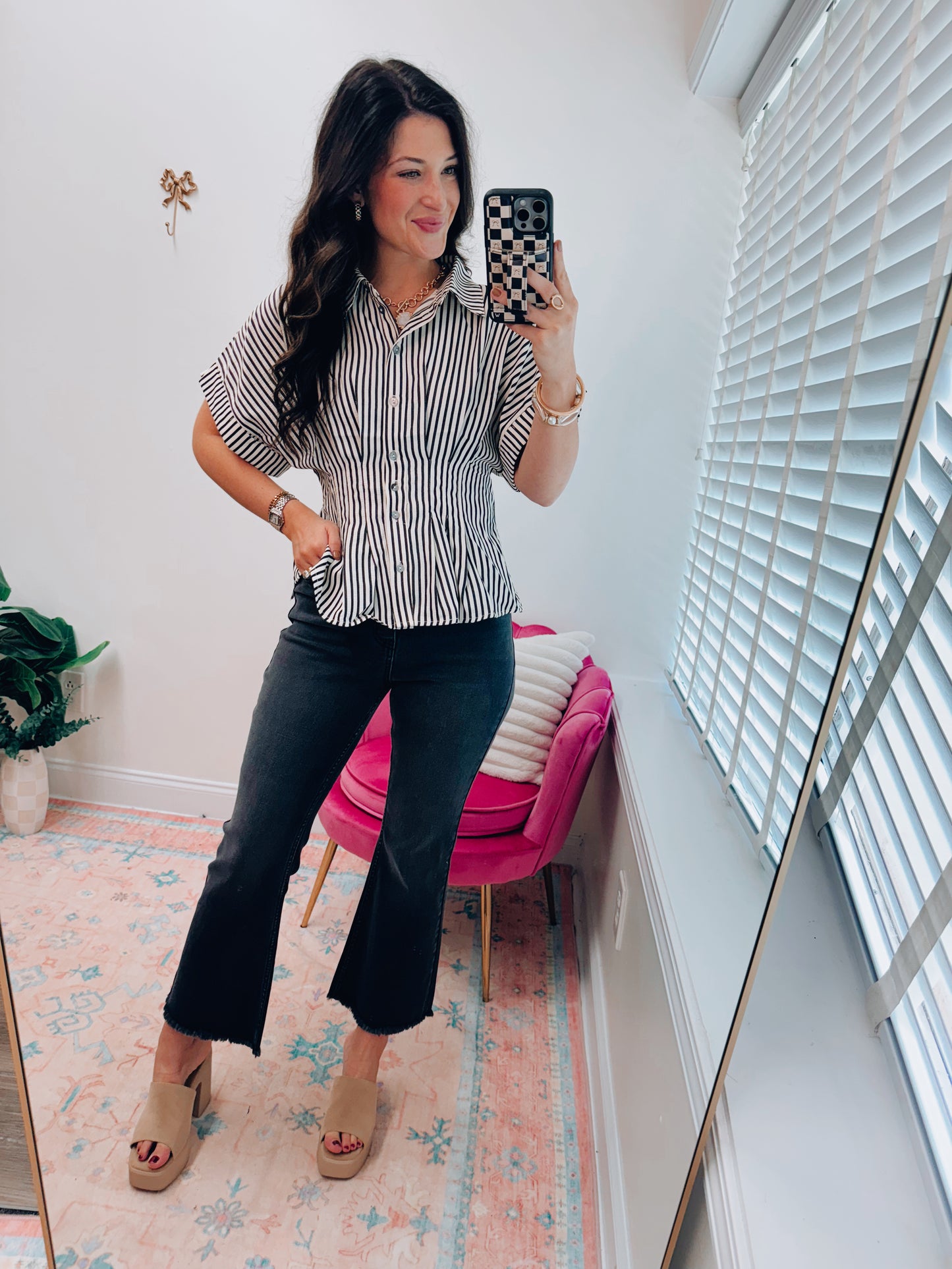 Willow Striped Pleated Button Top - Black