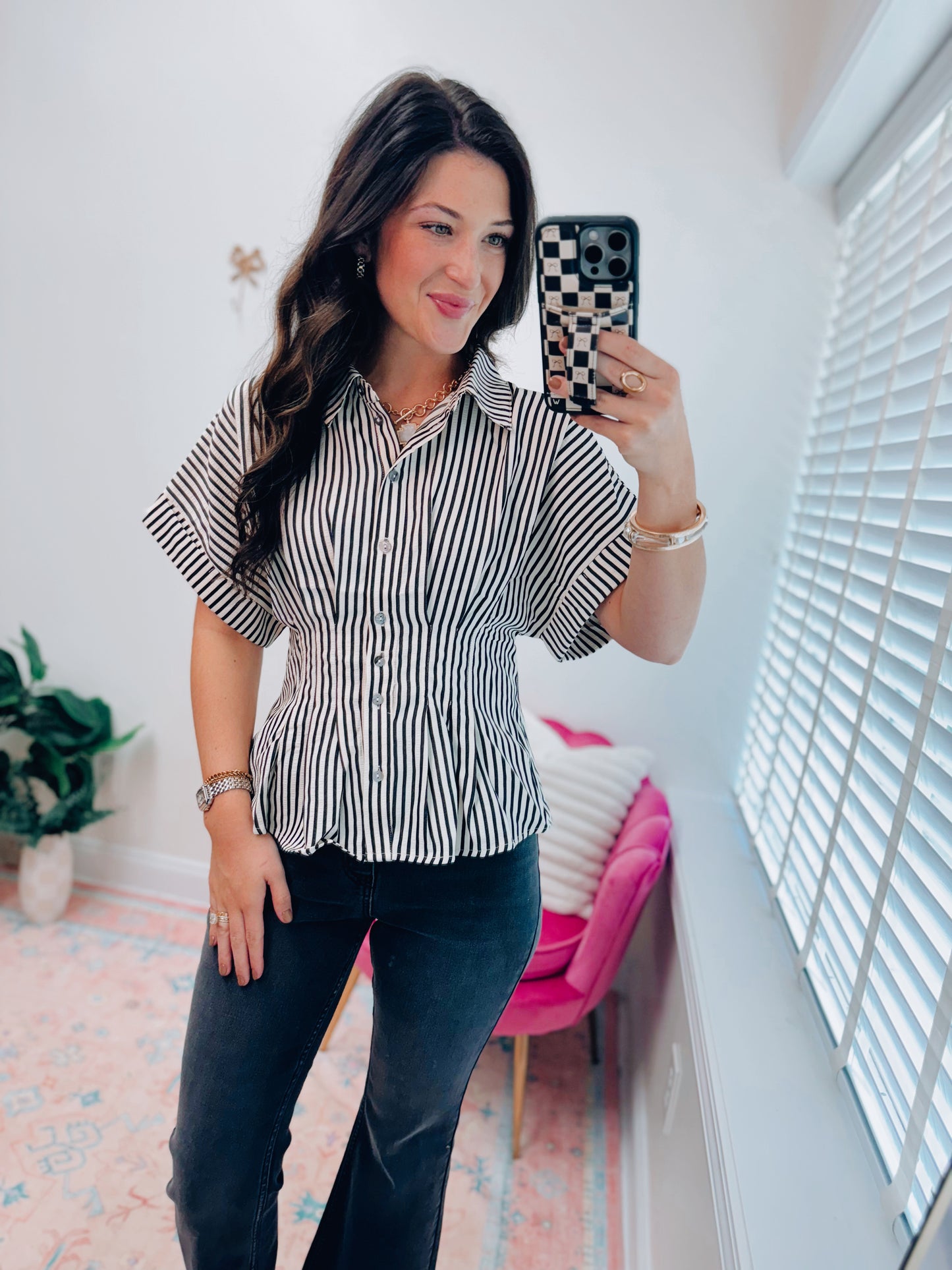 Willow Striped Pleated Button Top - Black