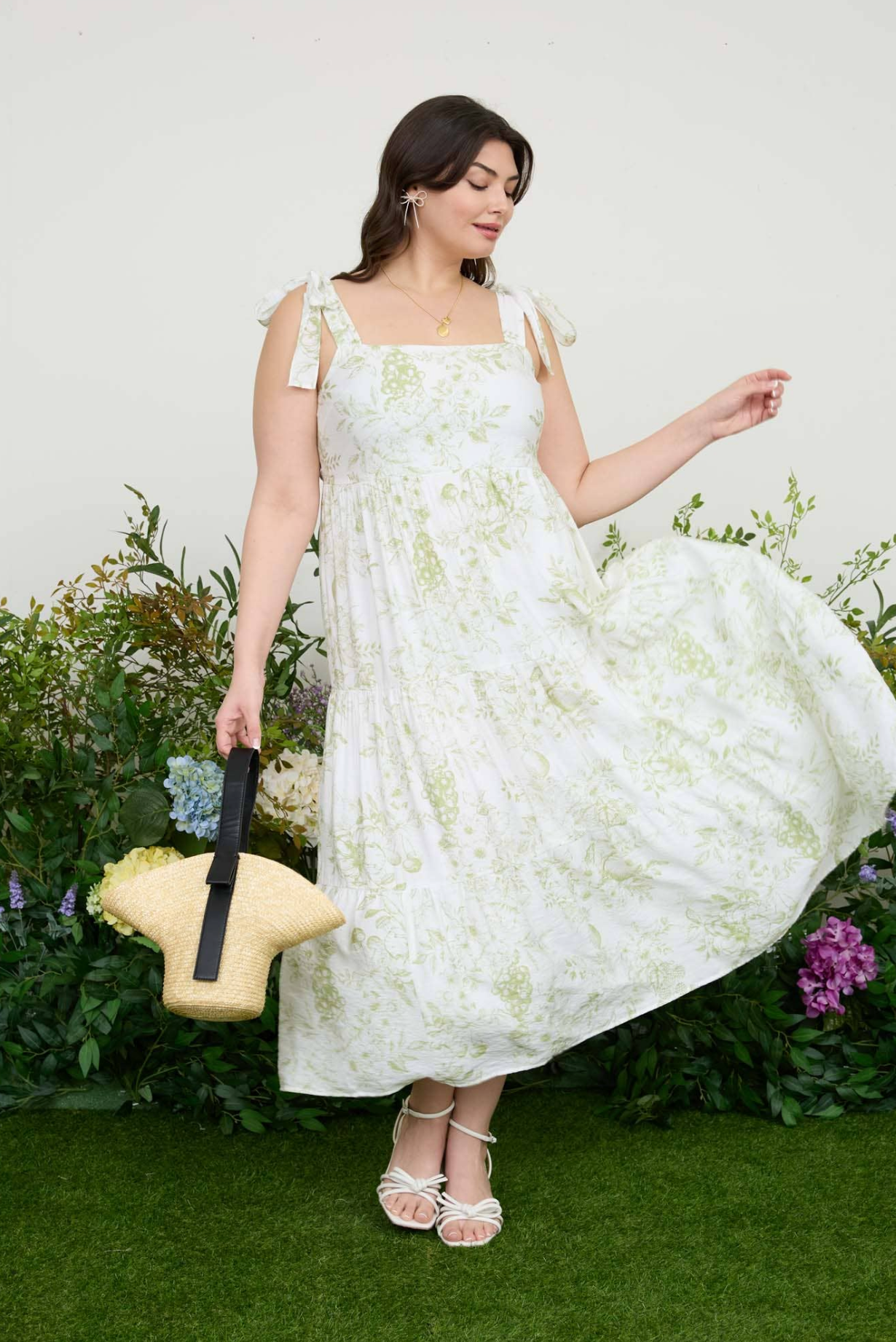 CURVY Fruit Blossom Tiered Midi Dress - Olive