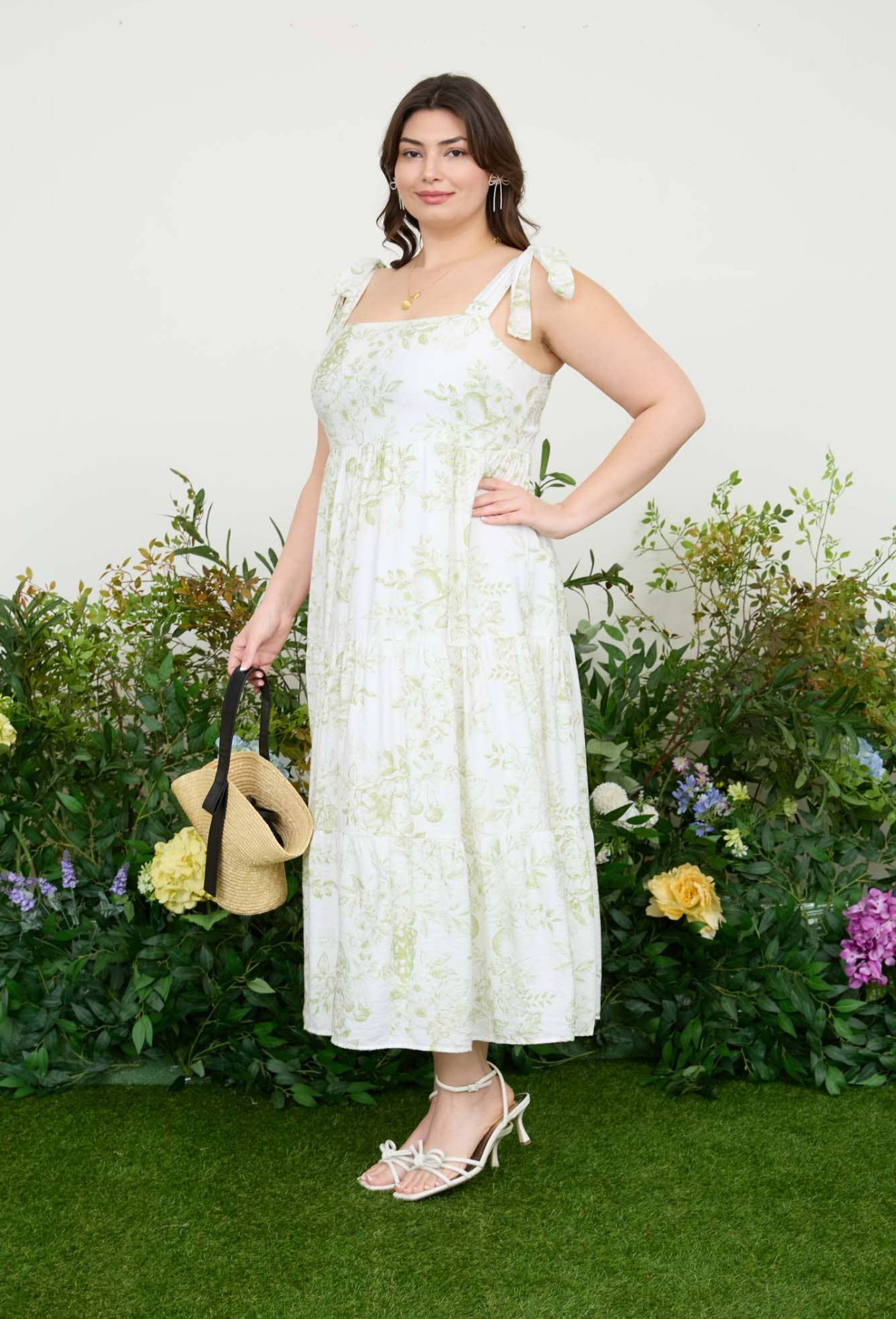 CURVY Fruit Blossom Tiered Midi Dress - Olive