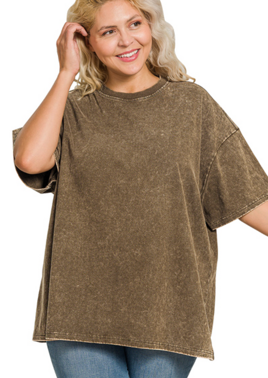 CURVY Mineral Wash Oversized Tee - Brown