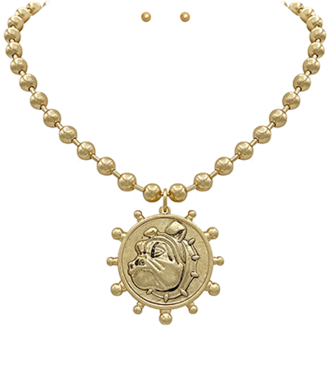 Chunky Beaded Bulldog Face Coin Necklace