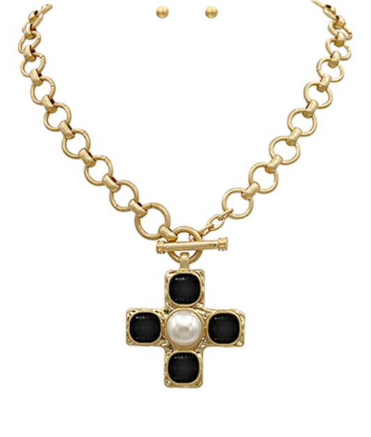 Vintage Cross & Chain Black Stud Necklace Set