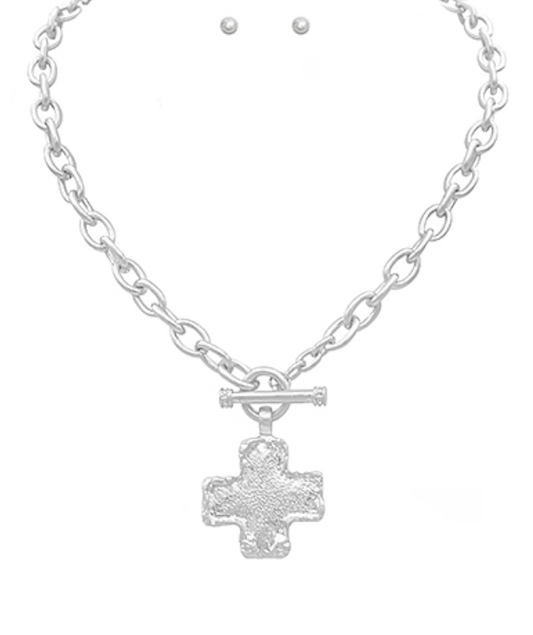 Textured Cross Necklace Set - Silver