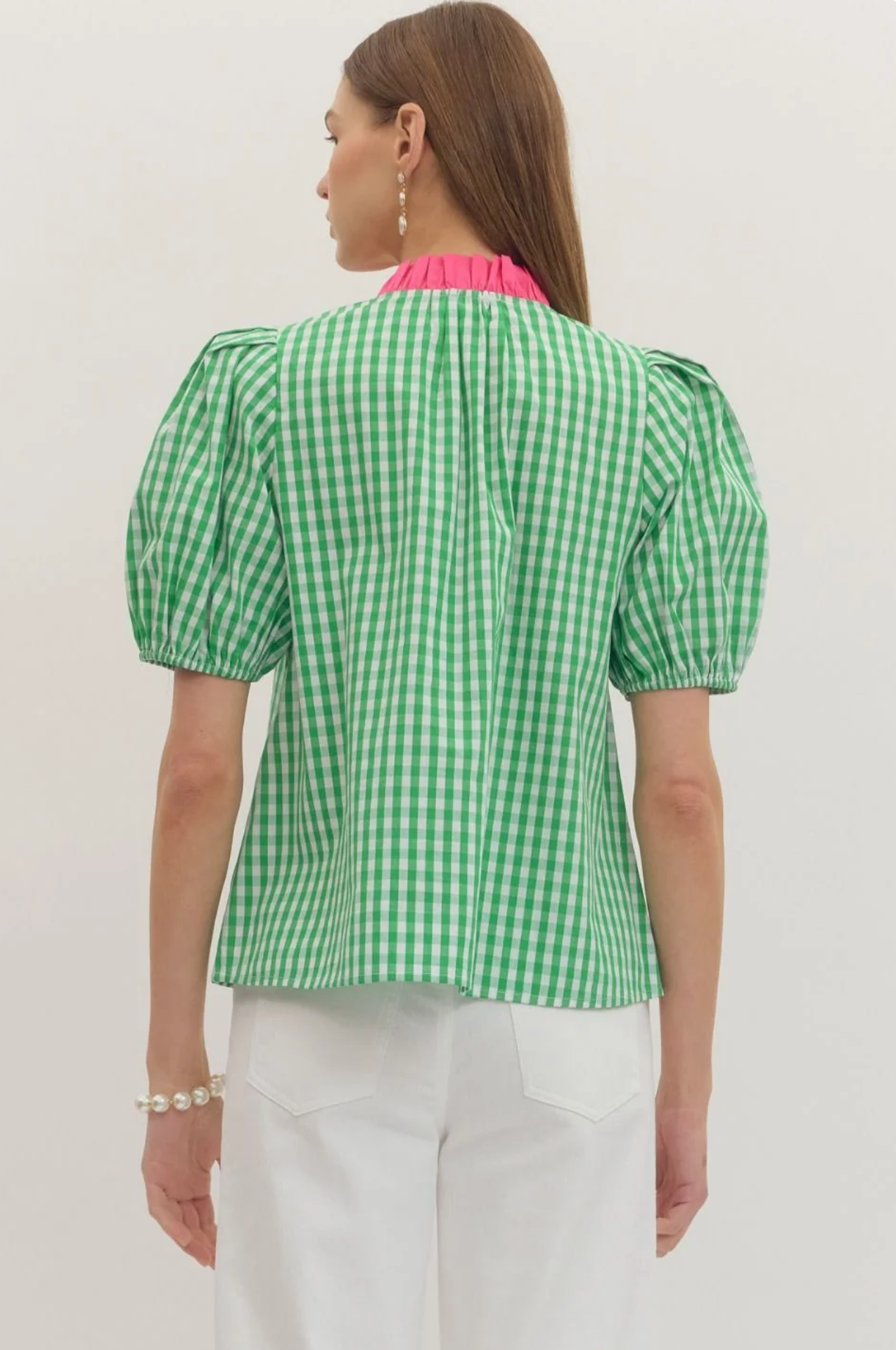 CURVY Green Checkered Lime Collar Top