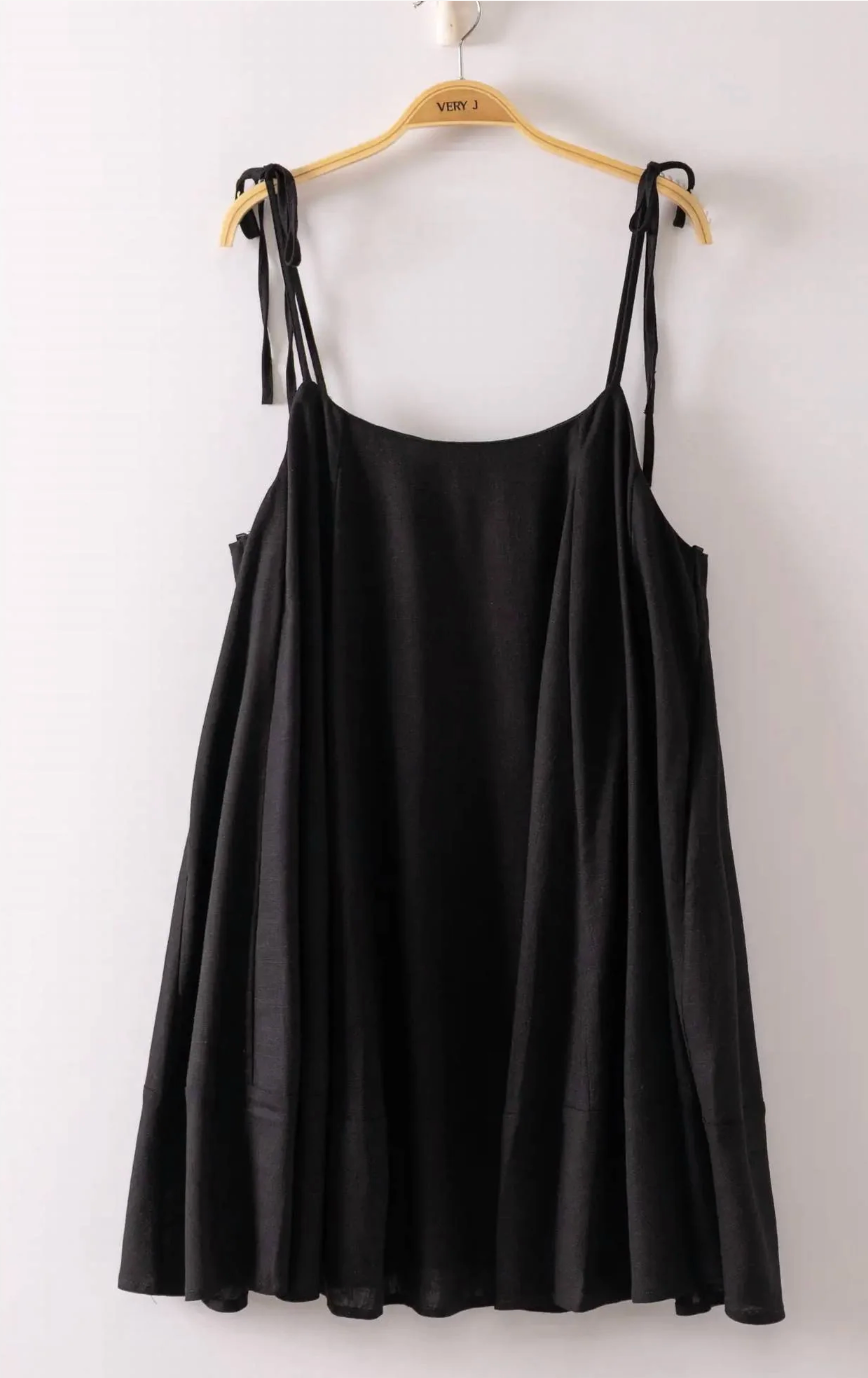 Linen Tie Button Mini Dress - Black
