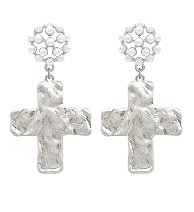 Pearl Worn Silver Cross Drop Earrings