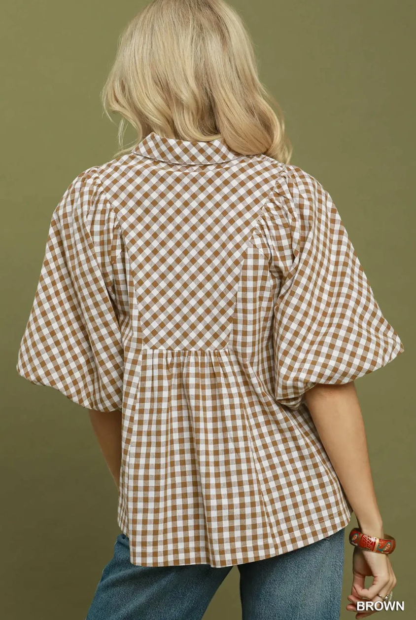 CURVY Smocked Gingham Puff Sleeve Top