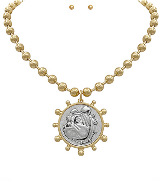 Chunky Beaded Bulldog Face Coin Necklace - Two Tone