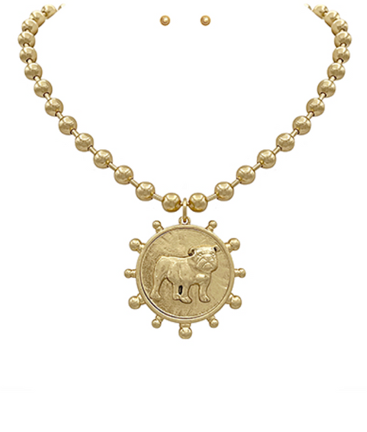 Chunky Beaded Bulldog Coin Necklace - Gold