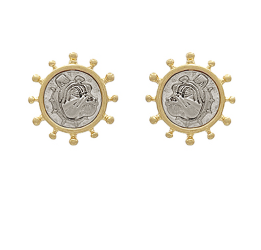 Bulldog Face Coin Pendant Earrings - Two Tone