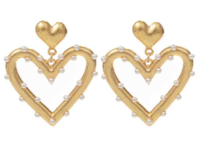 Gold Pearl Heart Drop Earrings