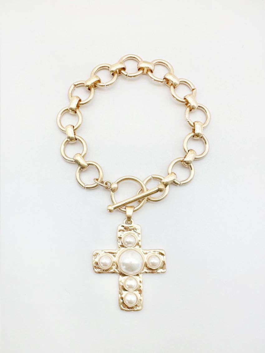 Gold Stretch Chain Hammered Cross Bracelet