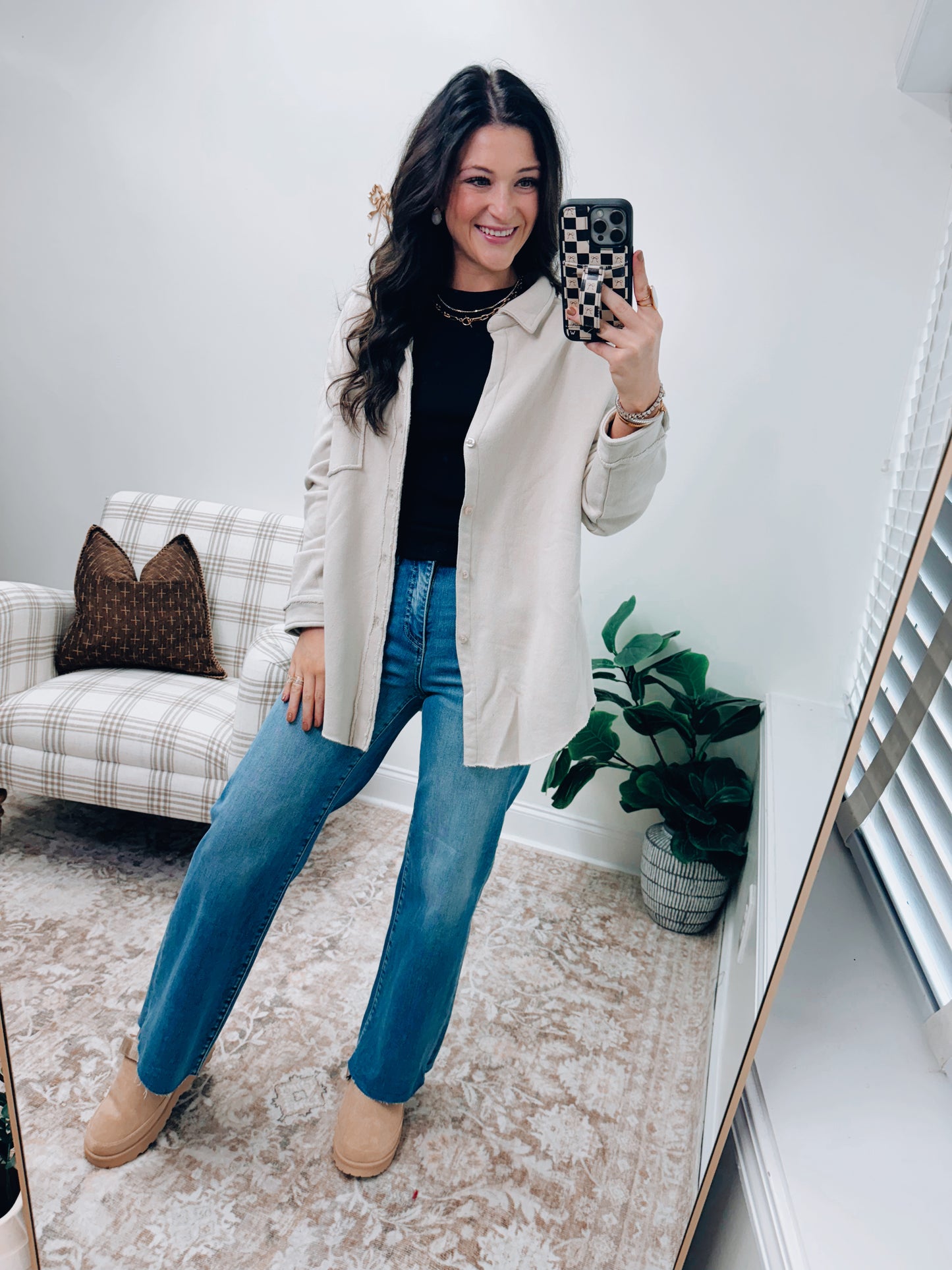 Raw Edge Cotton Button Down Shacket