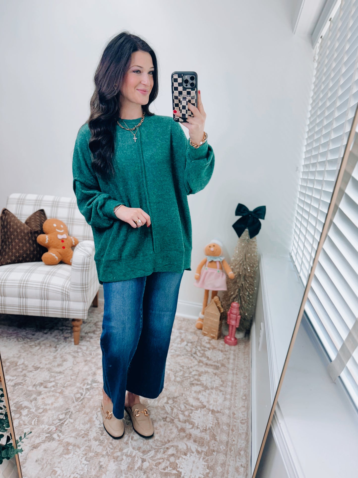 Oversized Front Seam Brushed Sweater - Green
