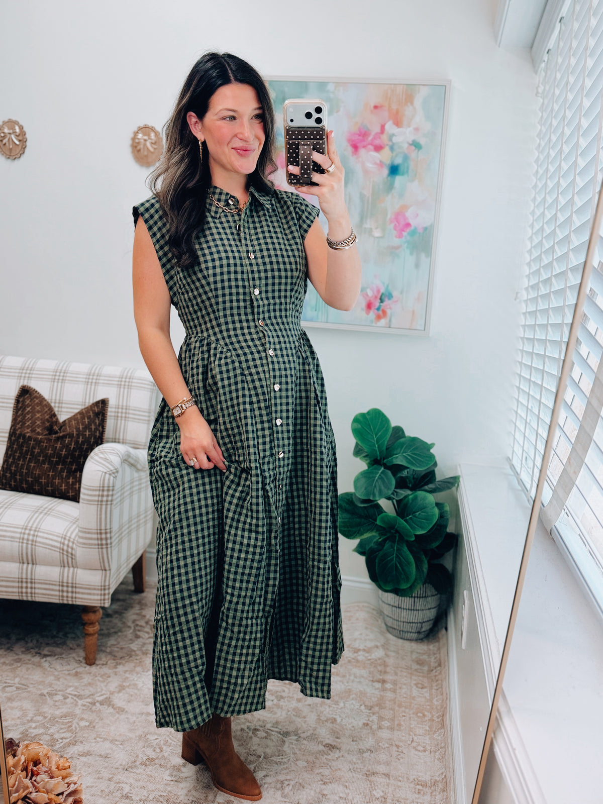 Callie Gingham Gold Button Midi Dress