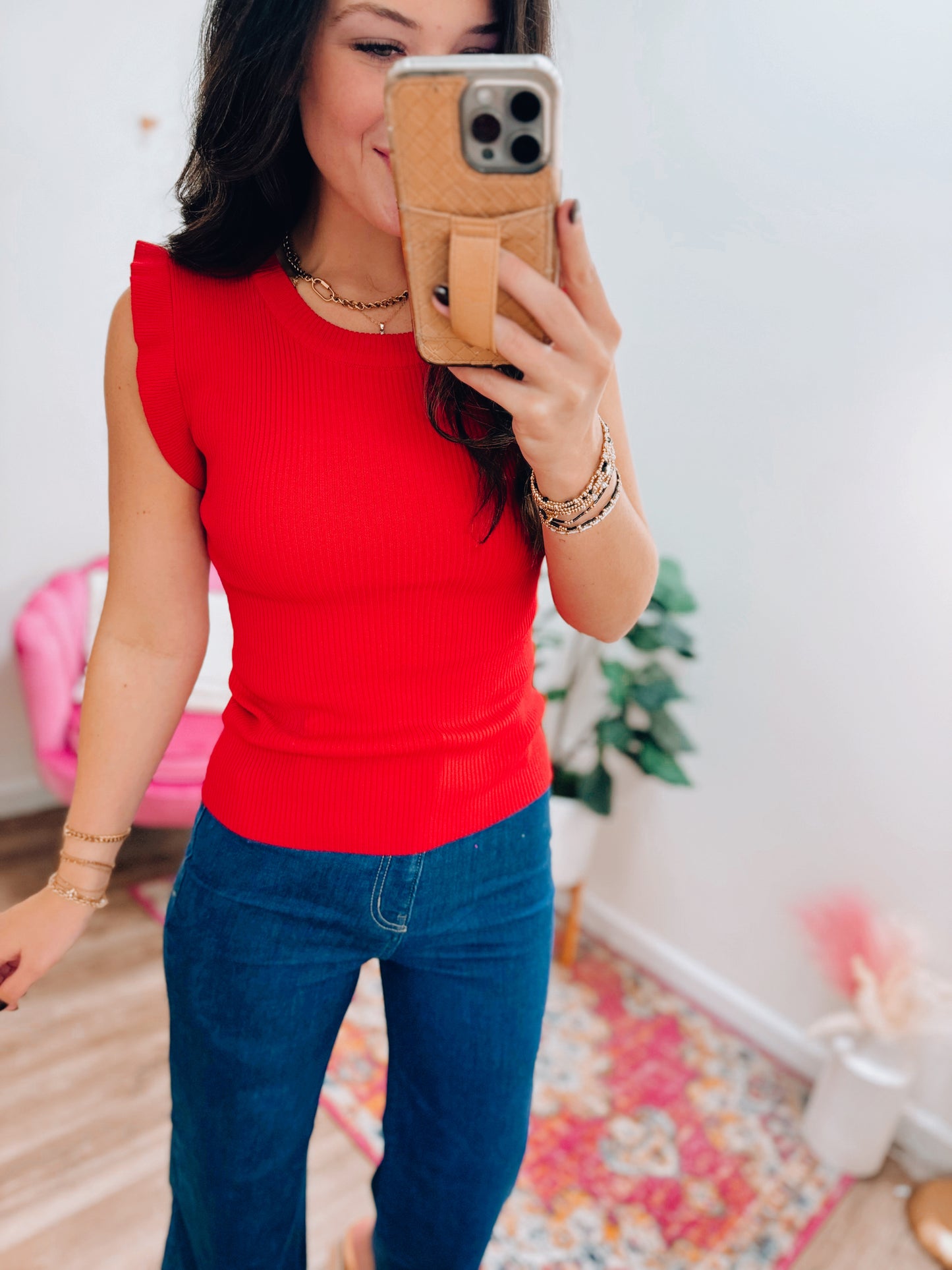 Callie Ribbed Flutter Sleeve Top - Red