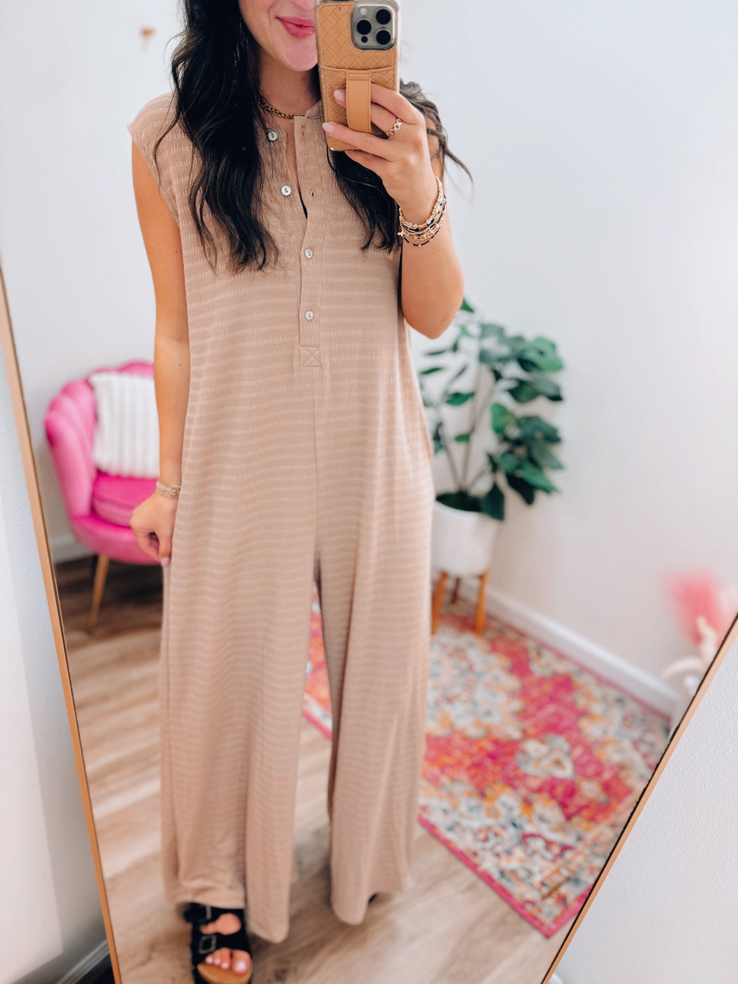 Jumping Into Fall Textured Wide Leg Jumpsuit - Mocha