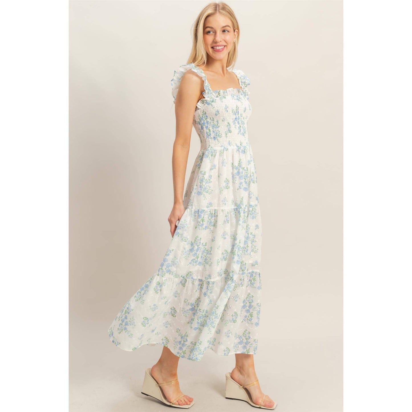 Smocked Floral Ruffle Strap Dress