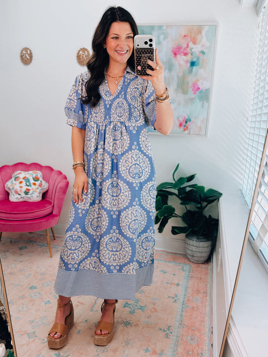 Periwinkle Mix Smocked Midi Dress
