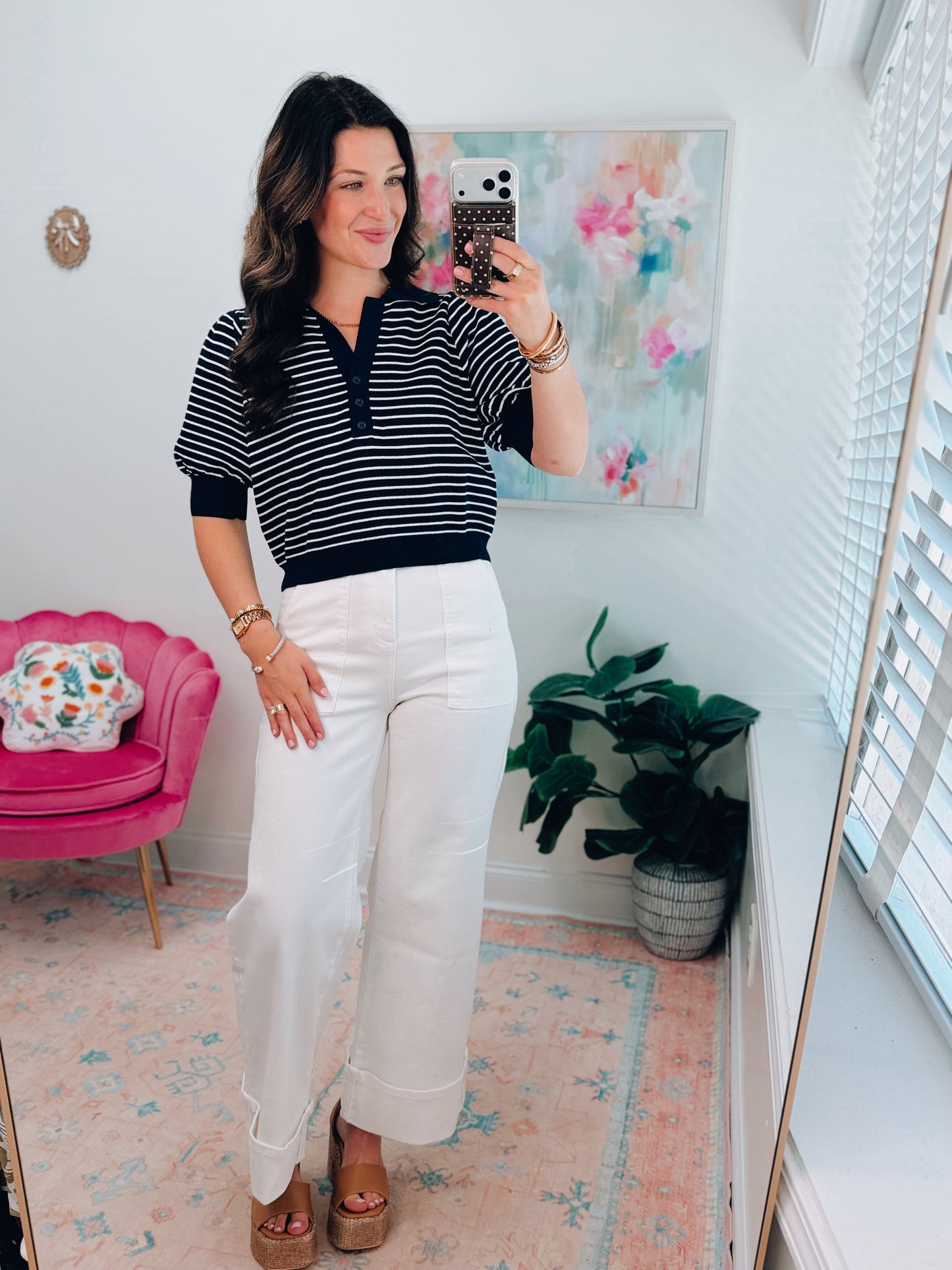 Navy Striped Button Collar Top