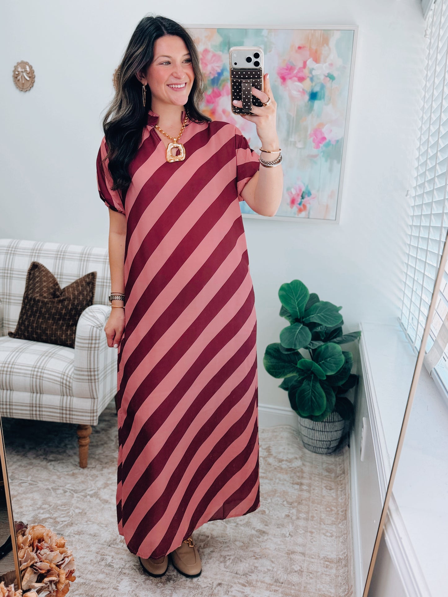 Cranberry Stripe Puff Sleeve Midi Dress