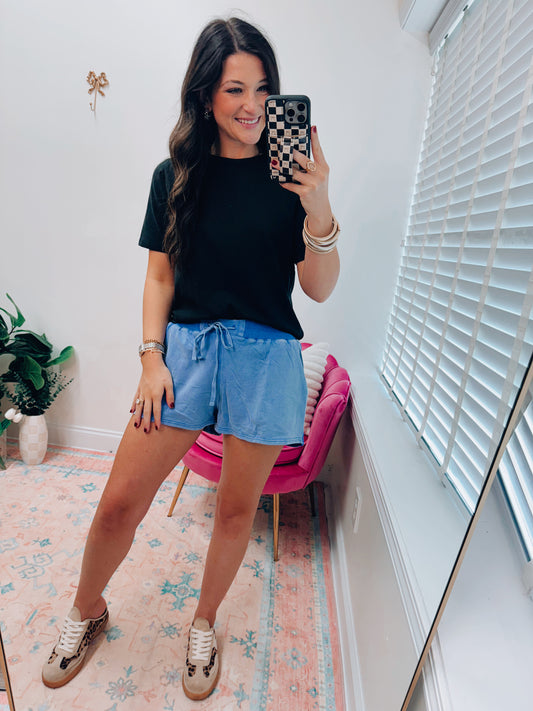 Mineral Washed Ribbed Patch Shorts - Blue