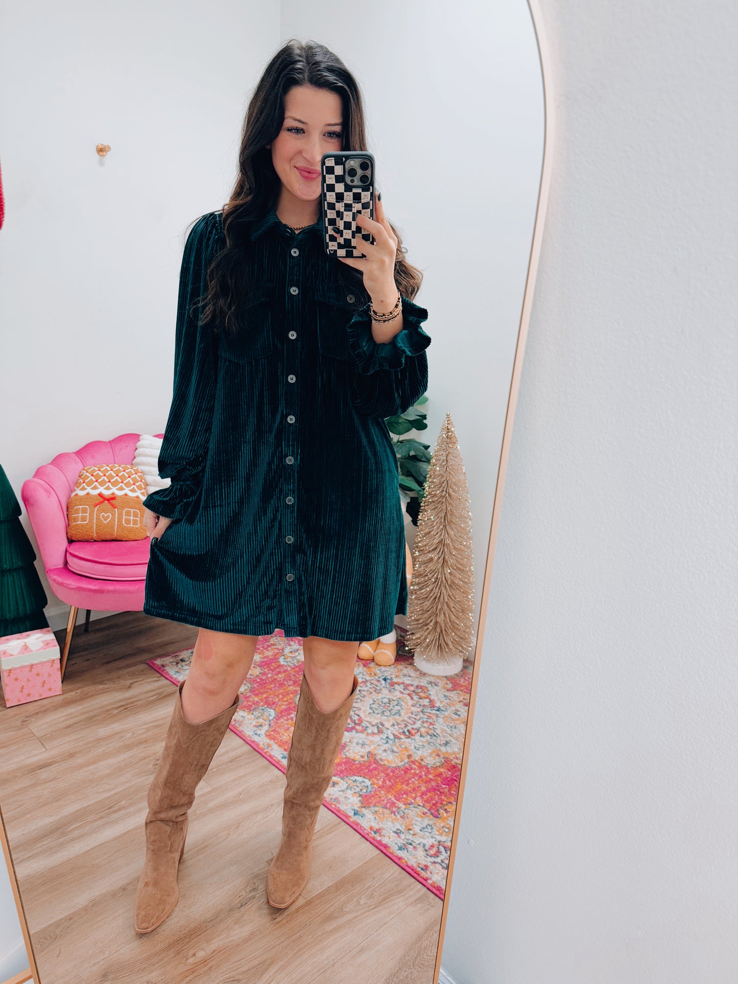 Velvet Glam Corded Button Mini Dress